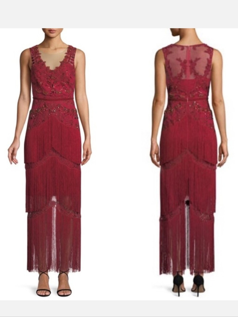 NWT Marchesa Notte jeweled Fringe Gown Gatsby Art Deco deep red Size 4